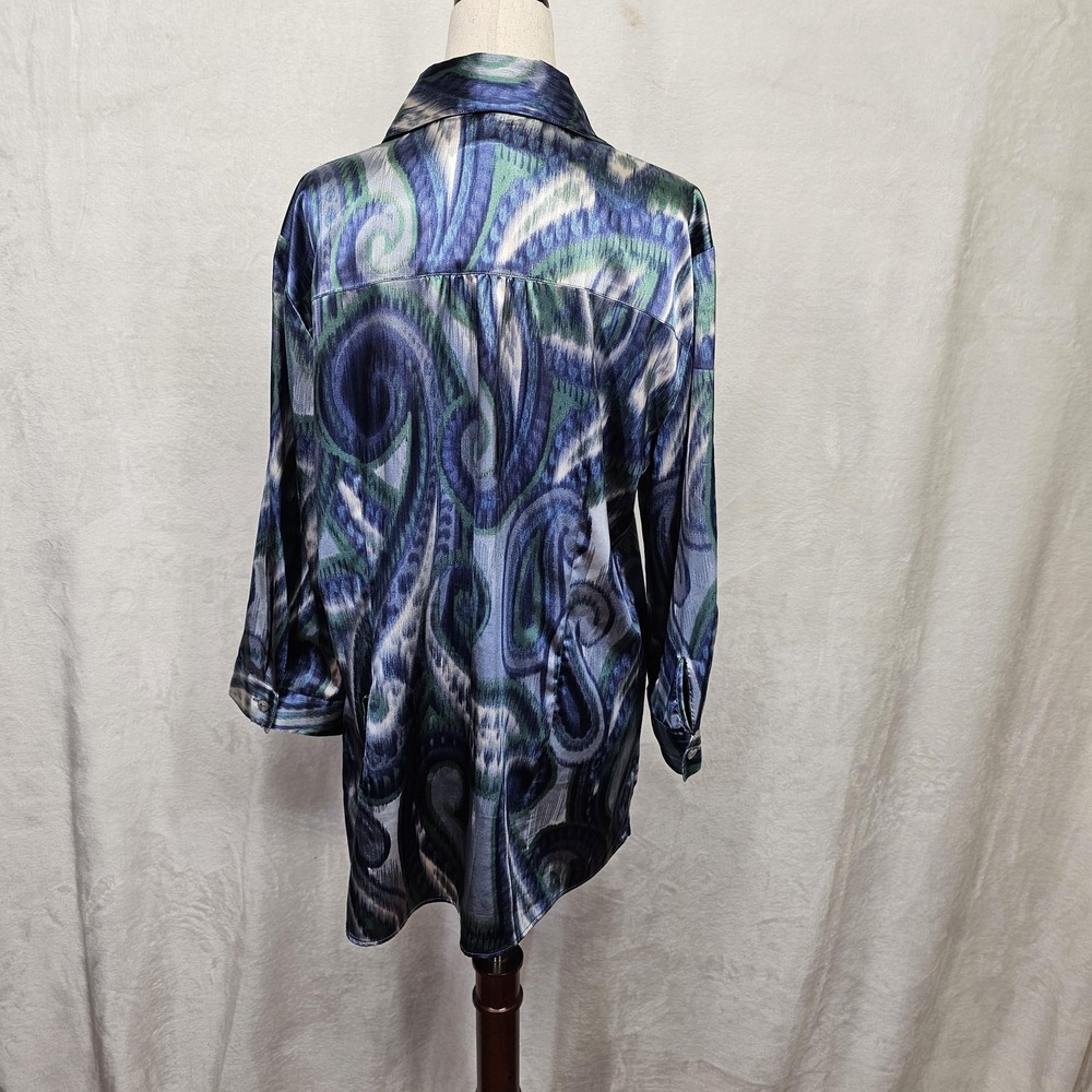 Chicos Shirt Womens 2 Blue Green Paisley Button Up Sheer 3/4 Sleeve Stretch‎ Top - Picture 3 of 9